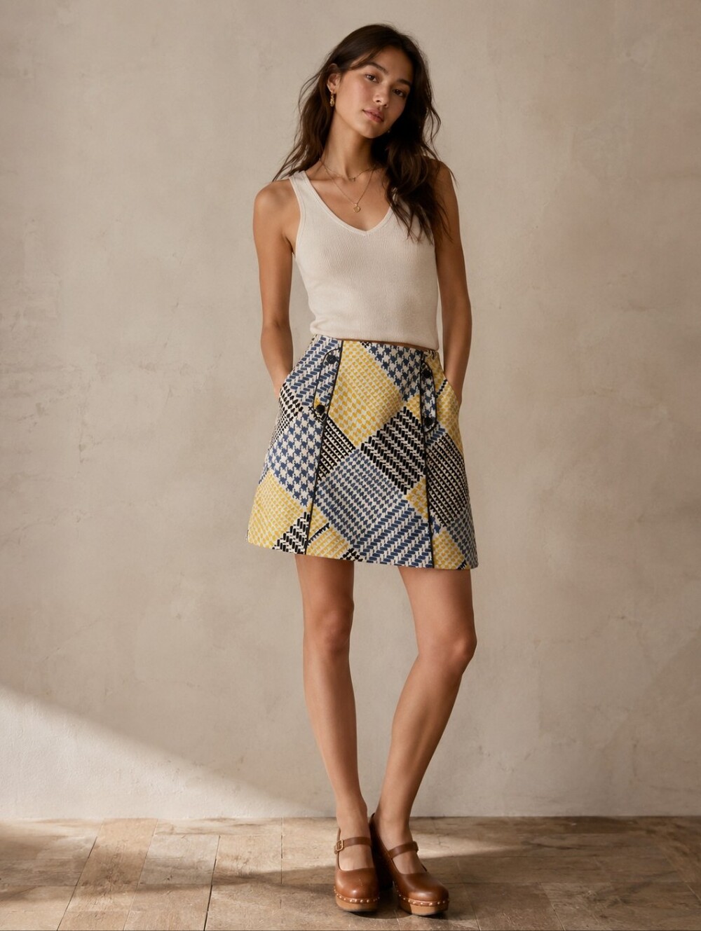 Anthropologie Maeve Geometric Houndstooth Mini Skirt Size 2 Patchwork EUC